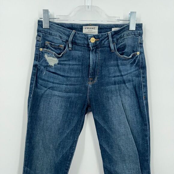 Frame Denim Women's Jeans Size 27 Le Crop Mini Boot Distressed Blue Raw Hem - Picture 3 of 16